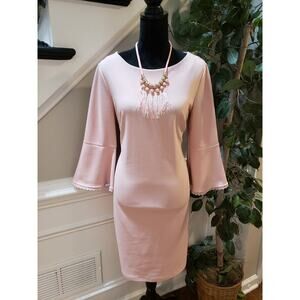Phase Seven Sheath Dress Women's Size 10 Pink Bell Sleeve Round Neck Back Zip